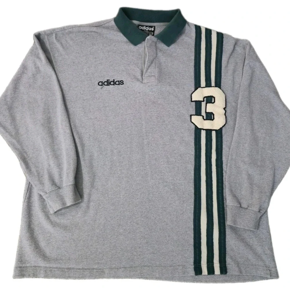 VTG 90s Adidas Long-Sleeve Rugby Polo Shirt #3 Men's XL Green Striped Soccer
